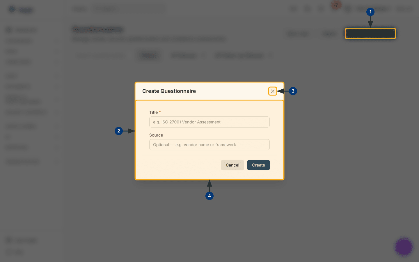 The Create Questionnaire dialog — a required Title, an optional Source, and Cancel and Create — /questionnaires.