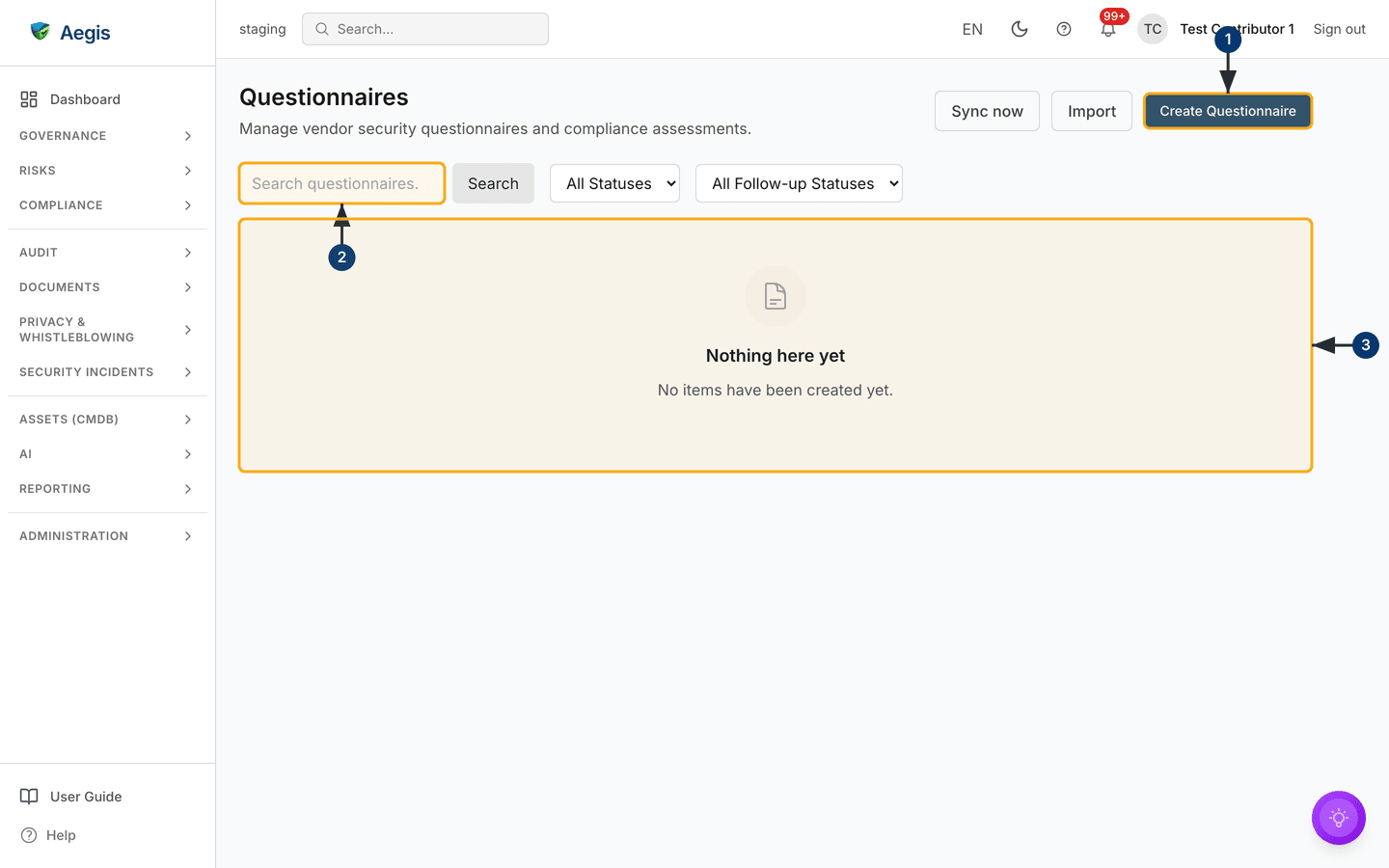 This capture fell back to the empty list: with no questionnaires on the demo instance there was no row to open, so the detail view is not shown — /questionnaires.