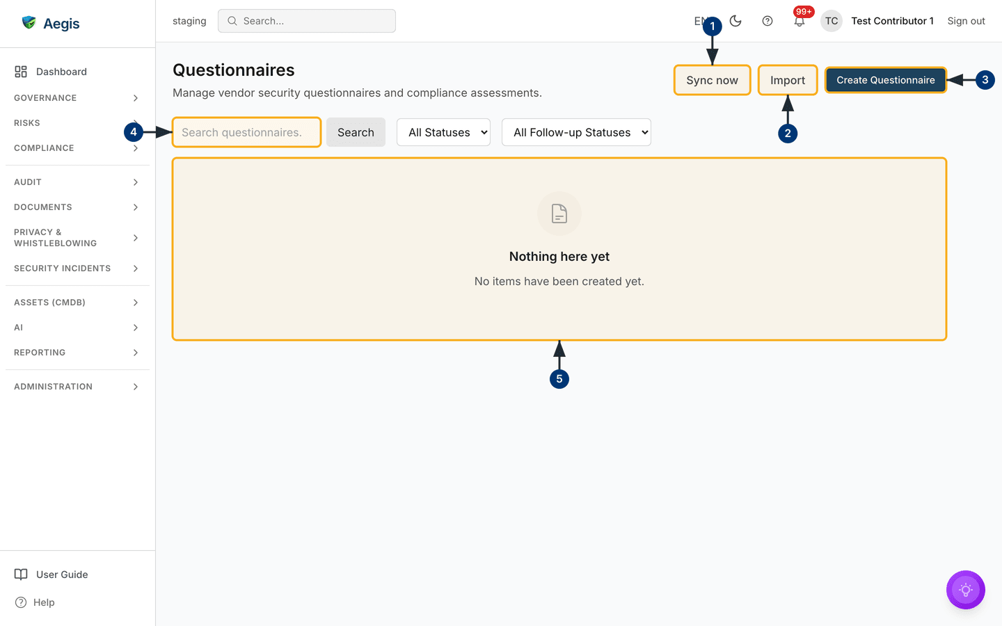 The questionnaire list on a fresh instance — the three header actions, the search box and status filters, and the empty state where the table will be — /questionnaires.
