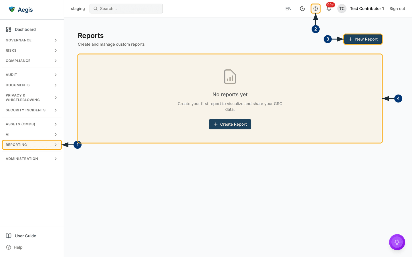 The Reports list in its empty state, with New Report in the header and Create Report in the centre — /reports.