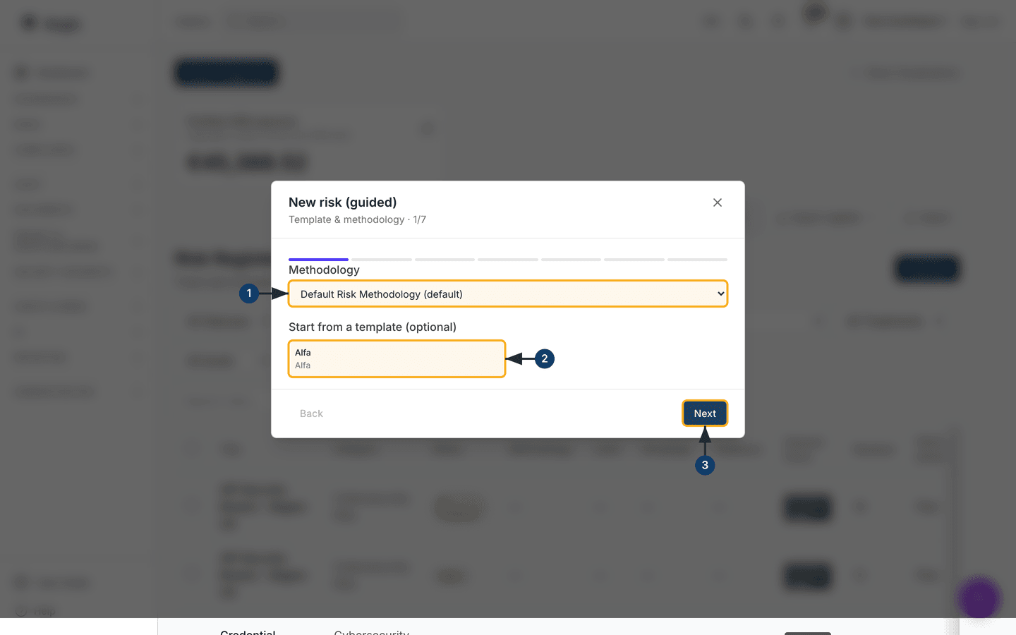 Step 1 of the guided wizard — methodology and optional template — /risks.