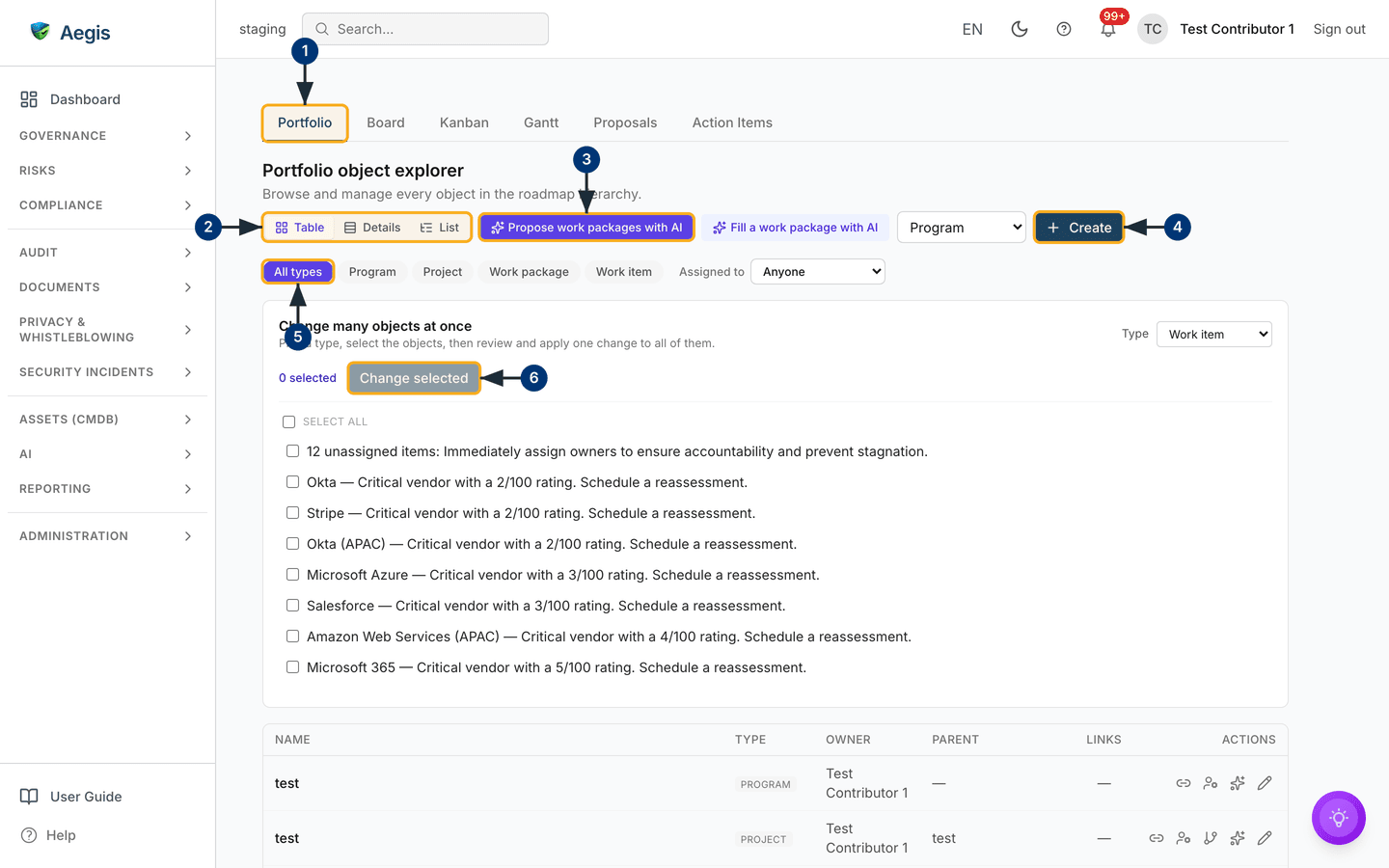 The Roadmap page on its Portfolio tab — tabs, view switcher, AI actions, filters, the bulk-change panel and the object table. /compliance/roadmap.