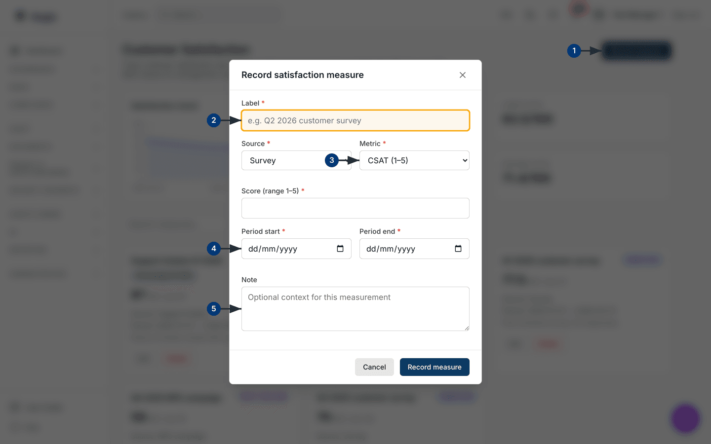 Recording a satisfaction measure: label, source, metric, score and period — /satisfaction-measures.