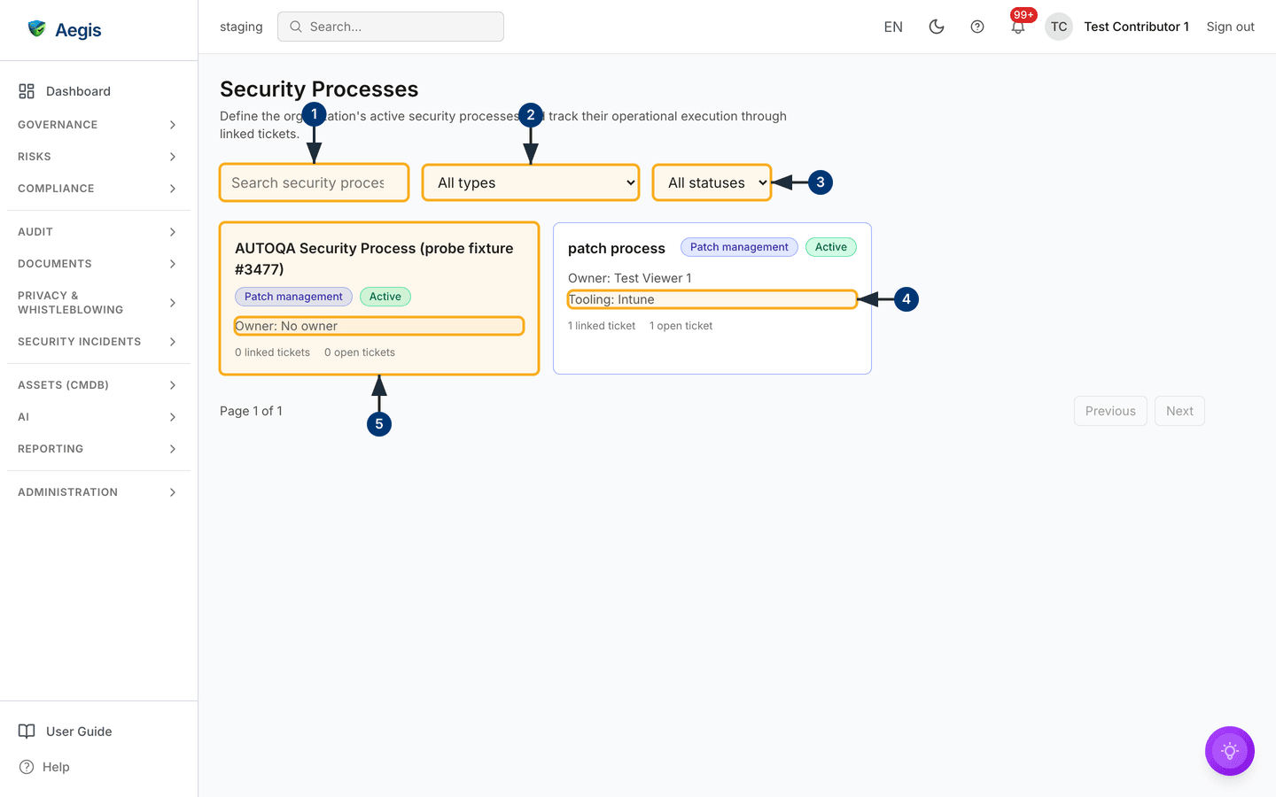 The Security Processes overview — search and two filters above a card grid — /security-processes.