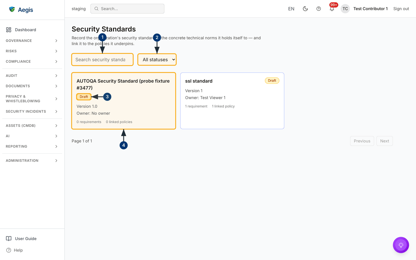 The Security Standards overview: search box, status filter, and one draft standard card — /security-standards.