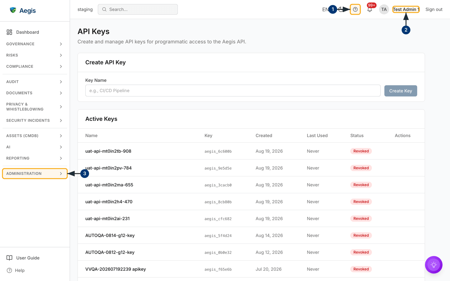 The API Keys screen: the Create API Key form above the Active Keys table, seen as an administrator — /settings/api-keys.
