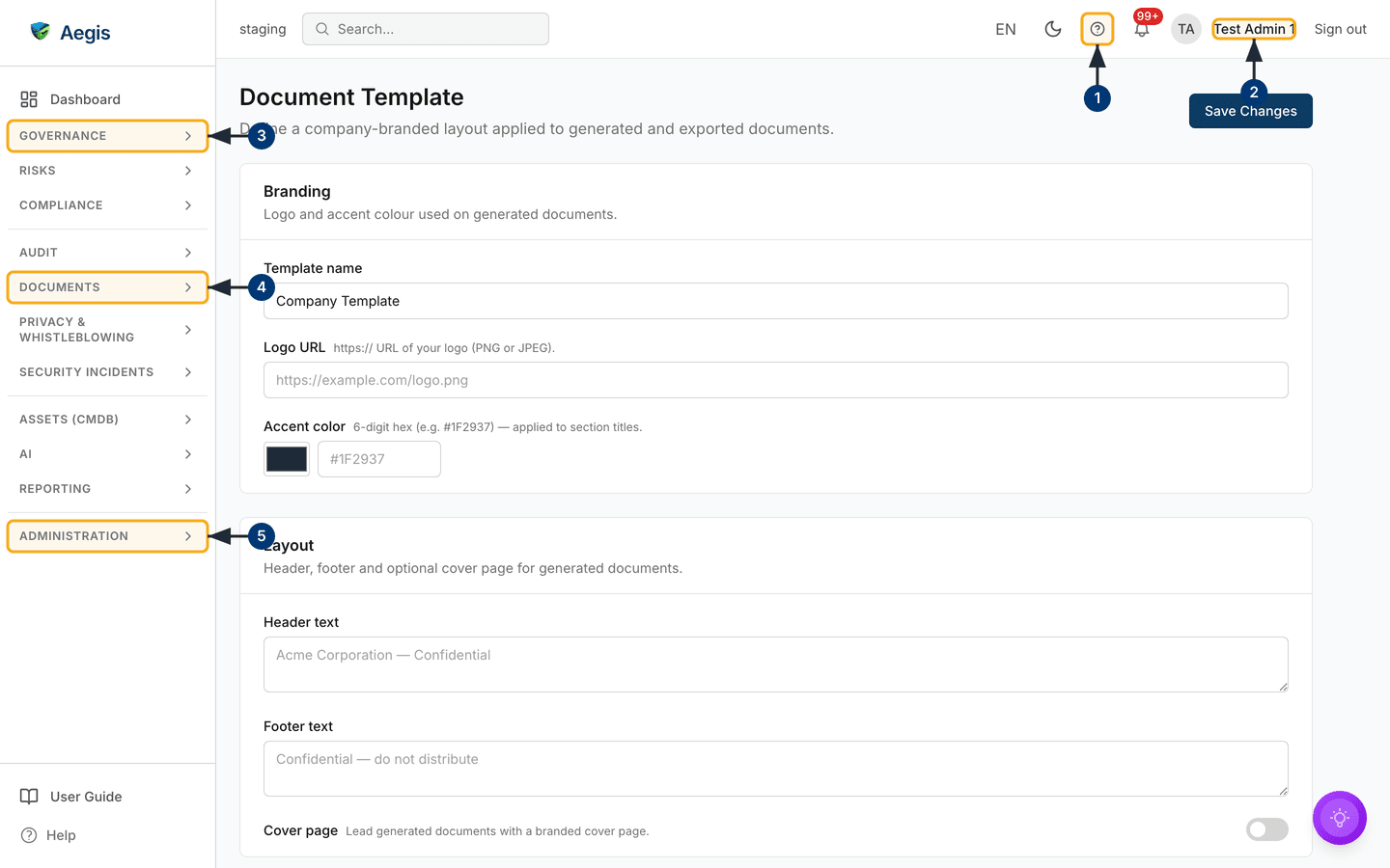 The Document Template settings screen, showing the Branding and Layout cards inside the standard navigation frame — /settings/document-template.