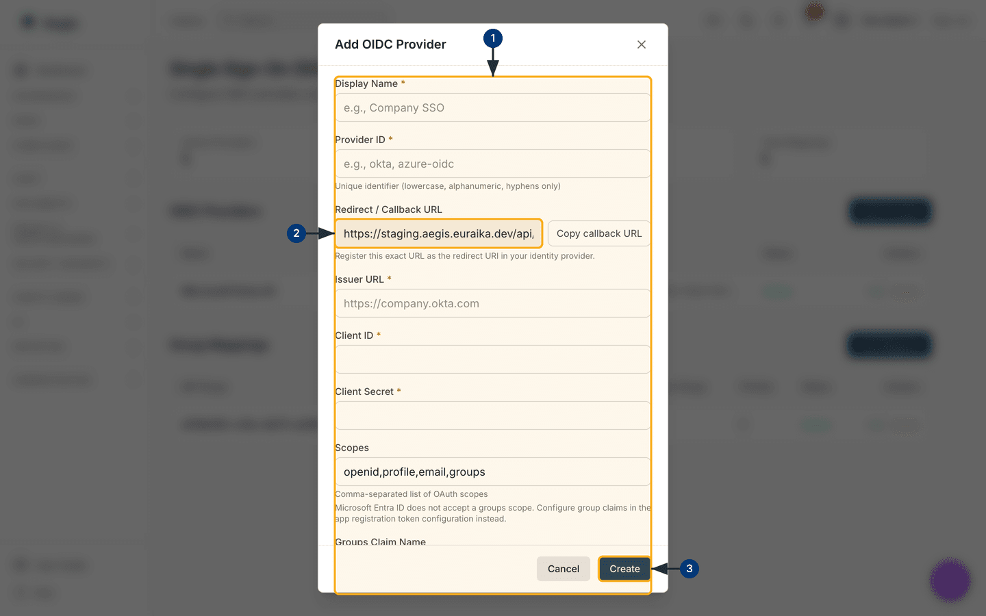 The Add OIDC Provider dialog shows the exact callback URL to register with your identity provider — /settings/integrations/sso.