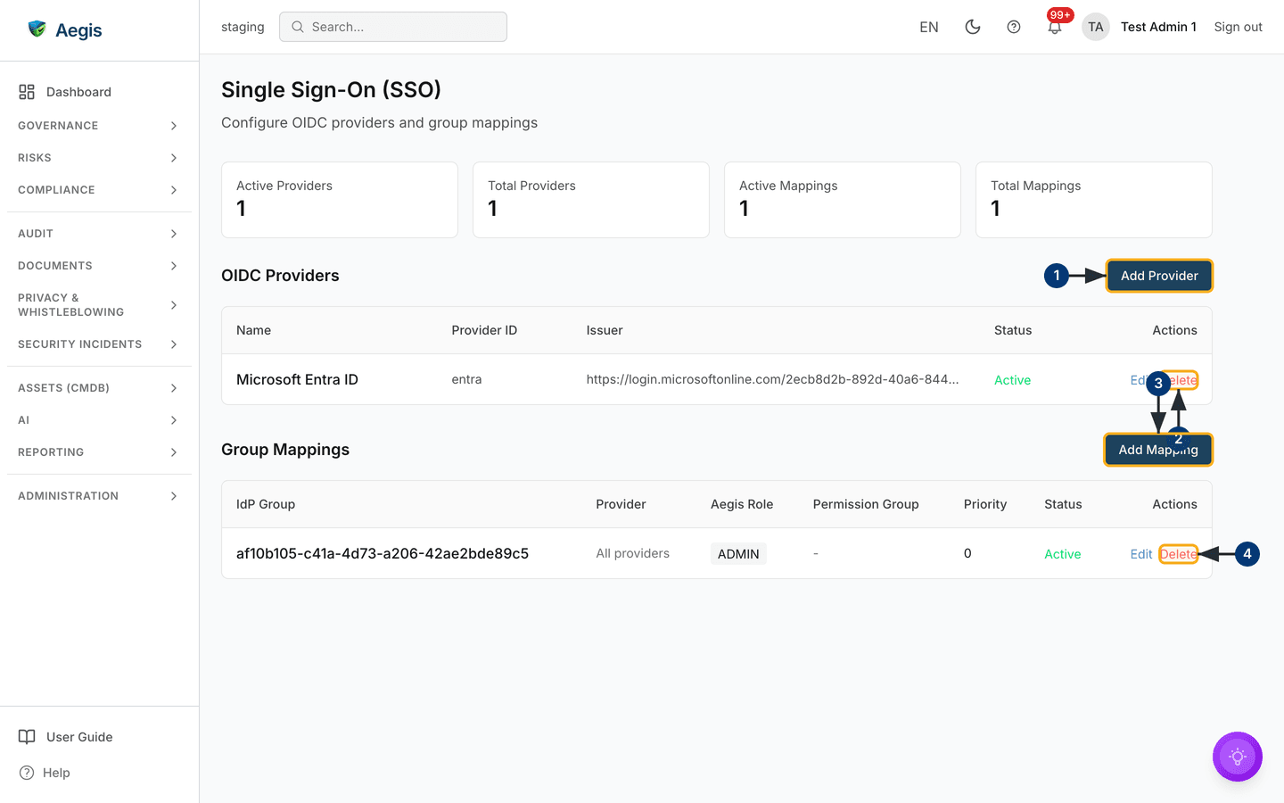 SSO with one Microsoft Entra ID provider and one group-to-role mapping — /settings/integrations/sso.