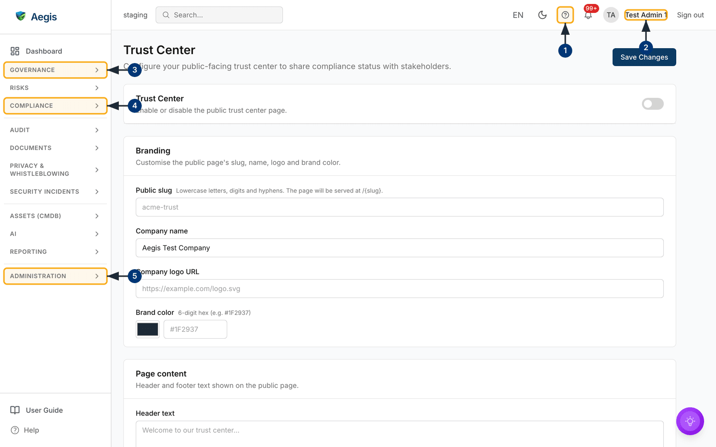 The Trust Center configuration screen for an unpublished tenant: master toggle off, empty slug, and only Save Changes in the header — /settings/trust-center.