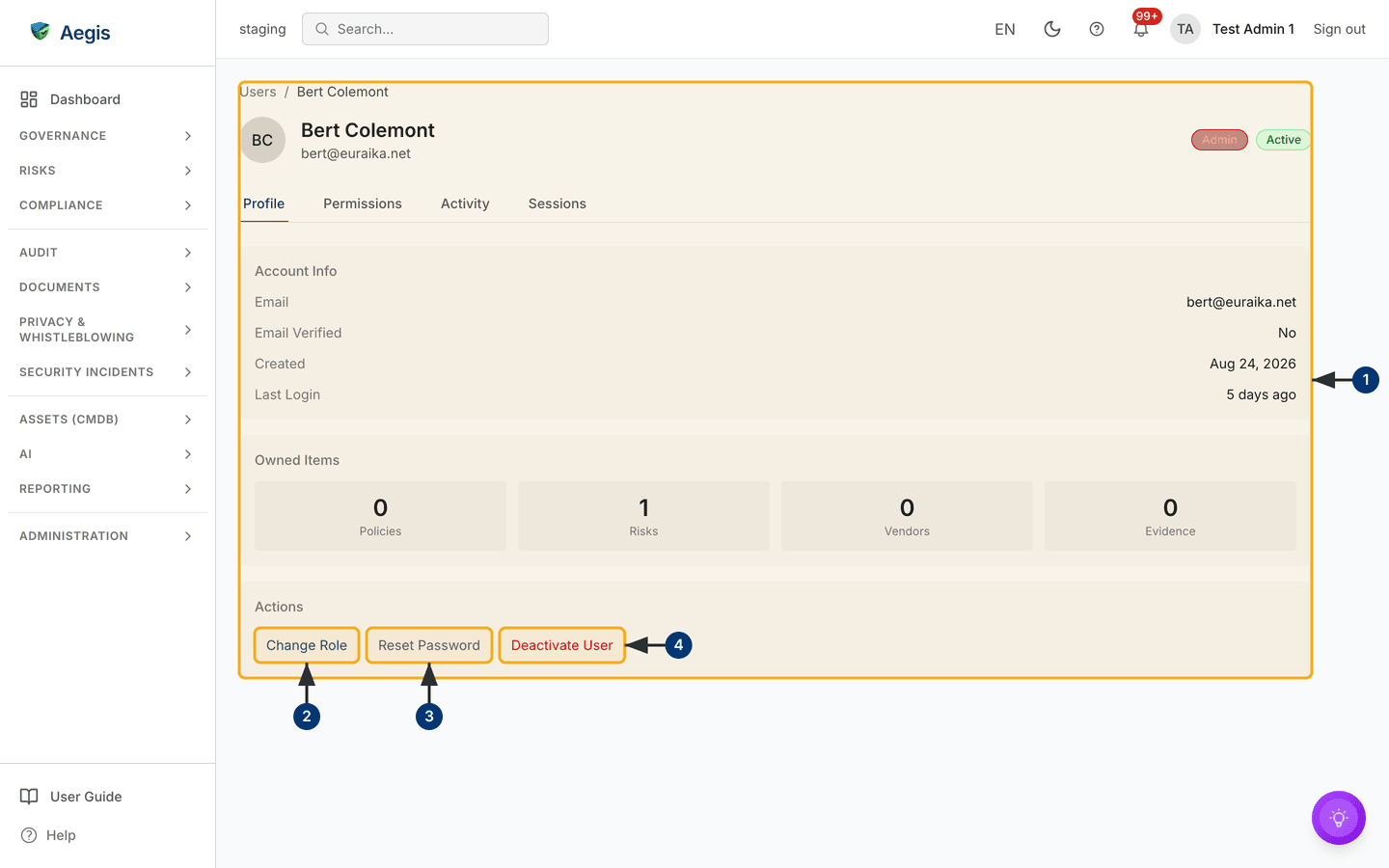 A user's detail page — profile, owned items and account actions — /settings/users/:id.