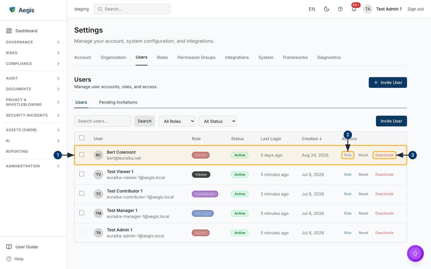 The Users tab — invite people, change roles and deactivate accounts — /settings?tab=users.