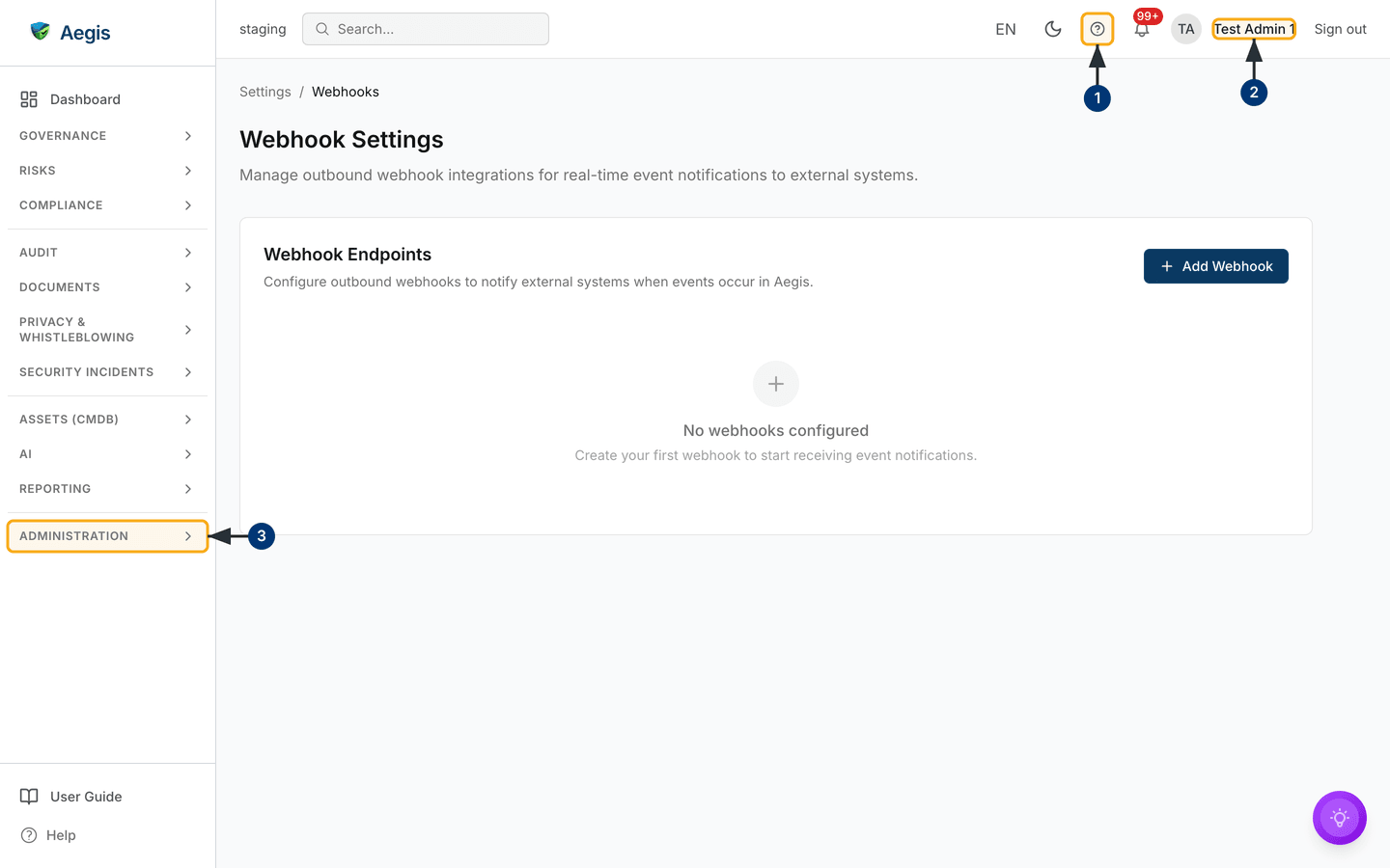 Webhook Settings on a workspace with no endpoints yet — the Add Webhook button sits in the top-right of the Webhook Endpoints card — /settings/webhooks.