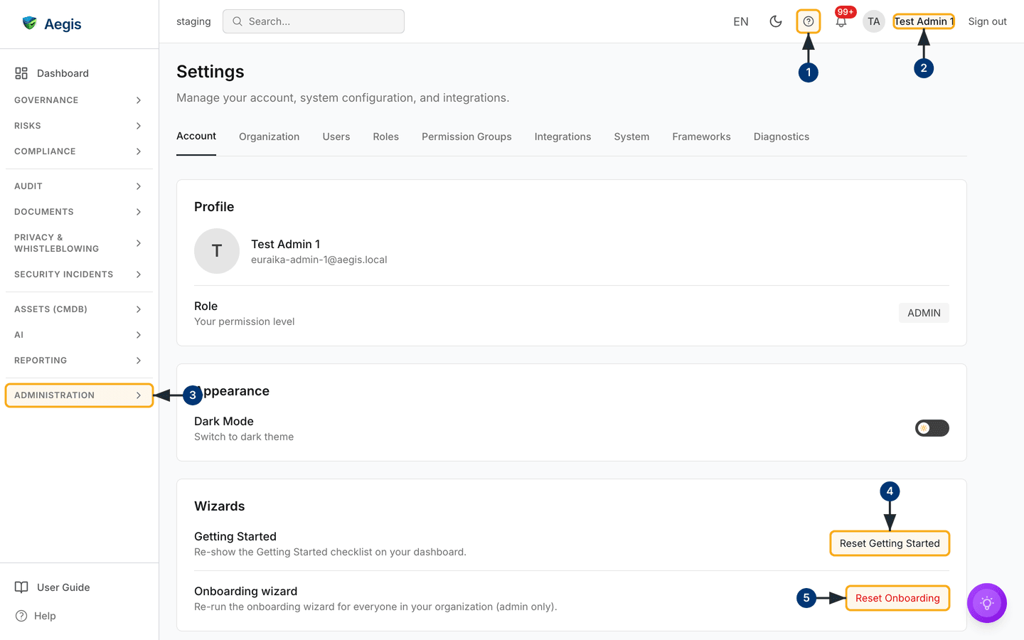 The Settings screen on the Account tab, with the tab strip and the Profile, Appearance and Wizards cards — /settings.
