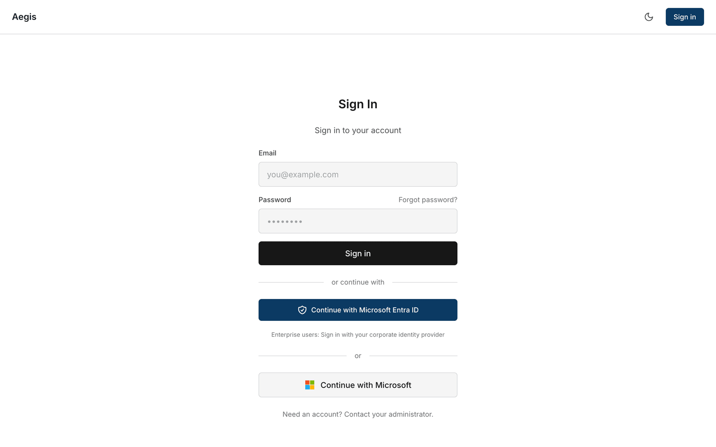 The sign-in page, with SSO and social buttons configured — /signin.