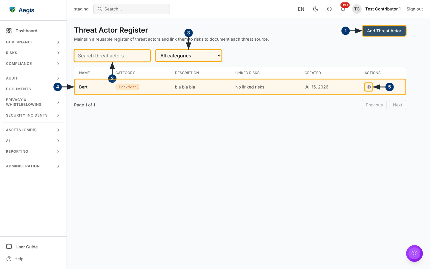 The threat-actor register: create button, search box, category filter and one seeded row — /risks/threat-actors.