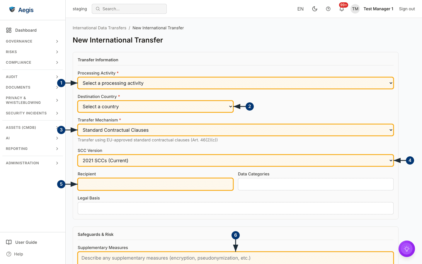 The full-page form for recording an international transfer — /gdpr/transfers/new.