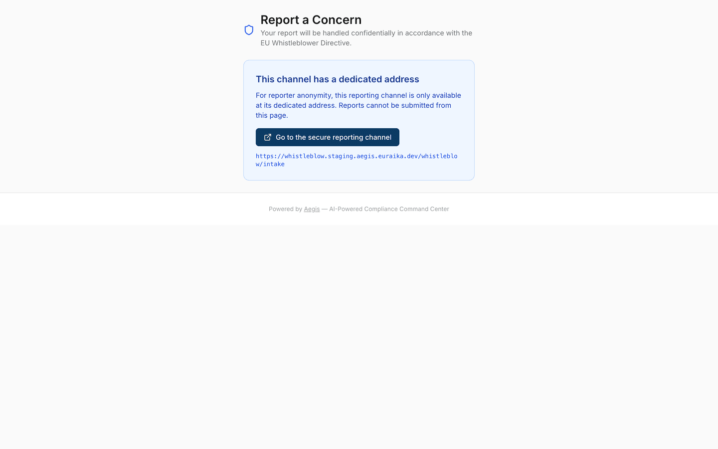 Opened on the main application address, the page explains that the reporting channel has its own dedicated address and links to it. — /whistleblow/intake.