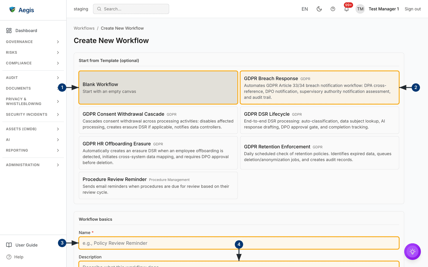 Create New Workflow — the full-page form at /automation/workflows/new; the Create Workflow button sits below the fields shown.