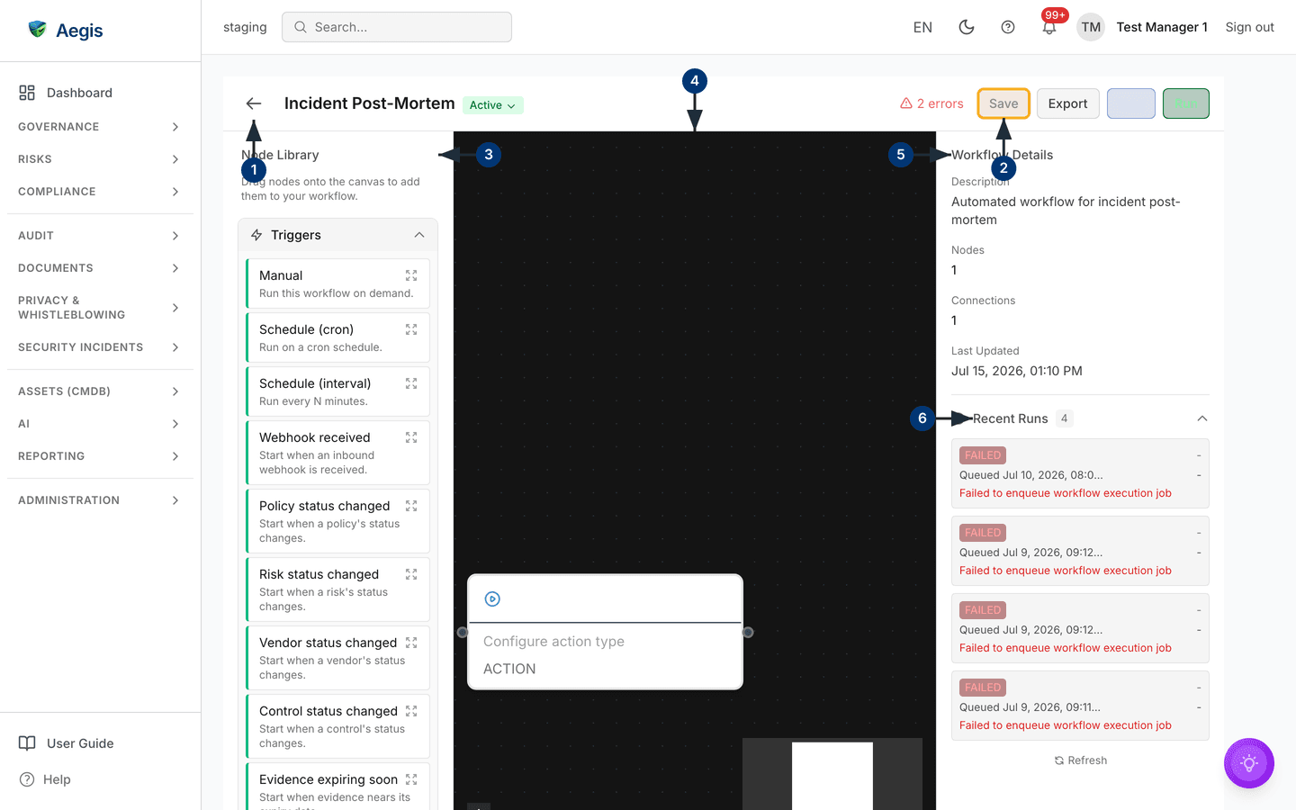 The workflow editor: toolbar with validation count, node library, canvas and the details/runs panel — /automation/workflows/<id>.