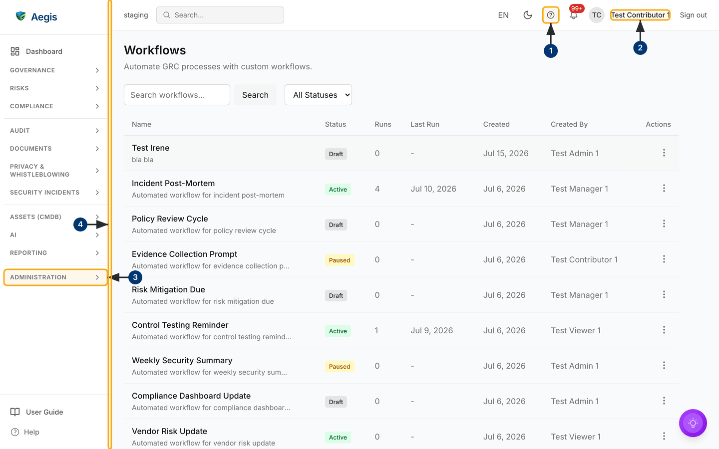The workflow list on a Contributor account — /automation/workflows.